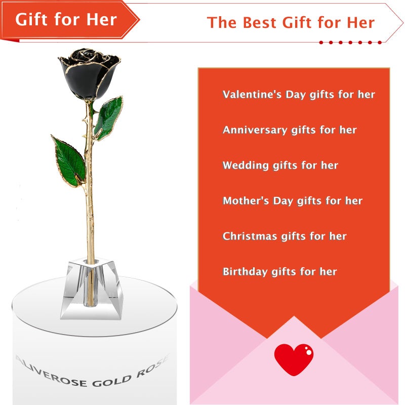 AliveRose Anniversary Day Gift for Girlfriend Rose 24K Gold Dipped Rose Made from Real Rose - Unique Design Gold Plated Rose for Valentines Gifts (Balck Handmade Rose with Crystal Base) - Image 4