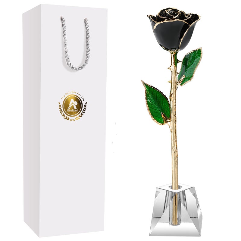 AliveRose Anniversary Day Gift for Girlfriend Rose 24K Gold Dipped Rose Made from Real Rose - Unique Design Gold Plated Rose for Valentines Gifts (Balck Handmade Rose with Crystal Base) - Image 1