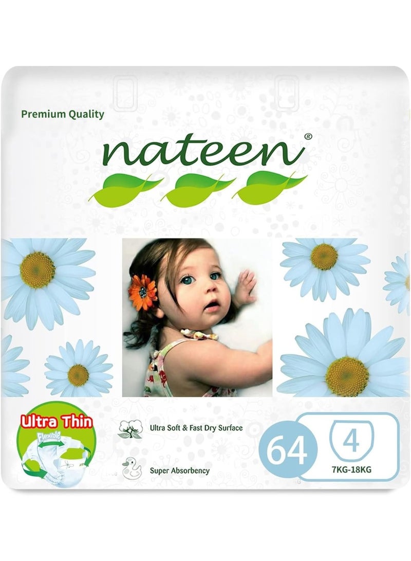 nateen Premium Care Diaper,Size 4 (7-18kg),64 Count Diapers,Large,Super Absorbent,Breathable Baby Diapers. - Image 1
