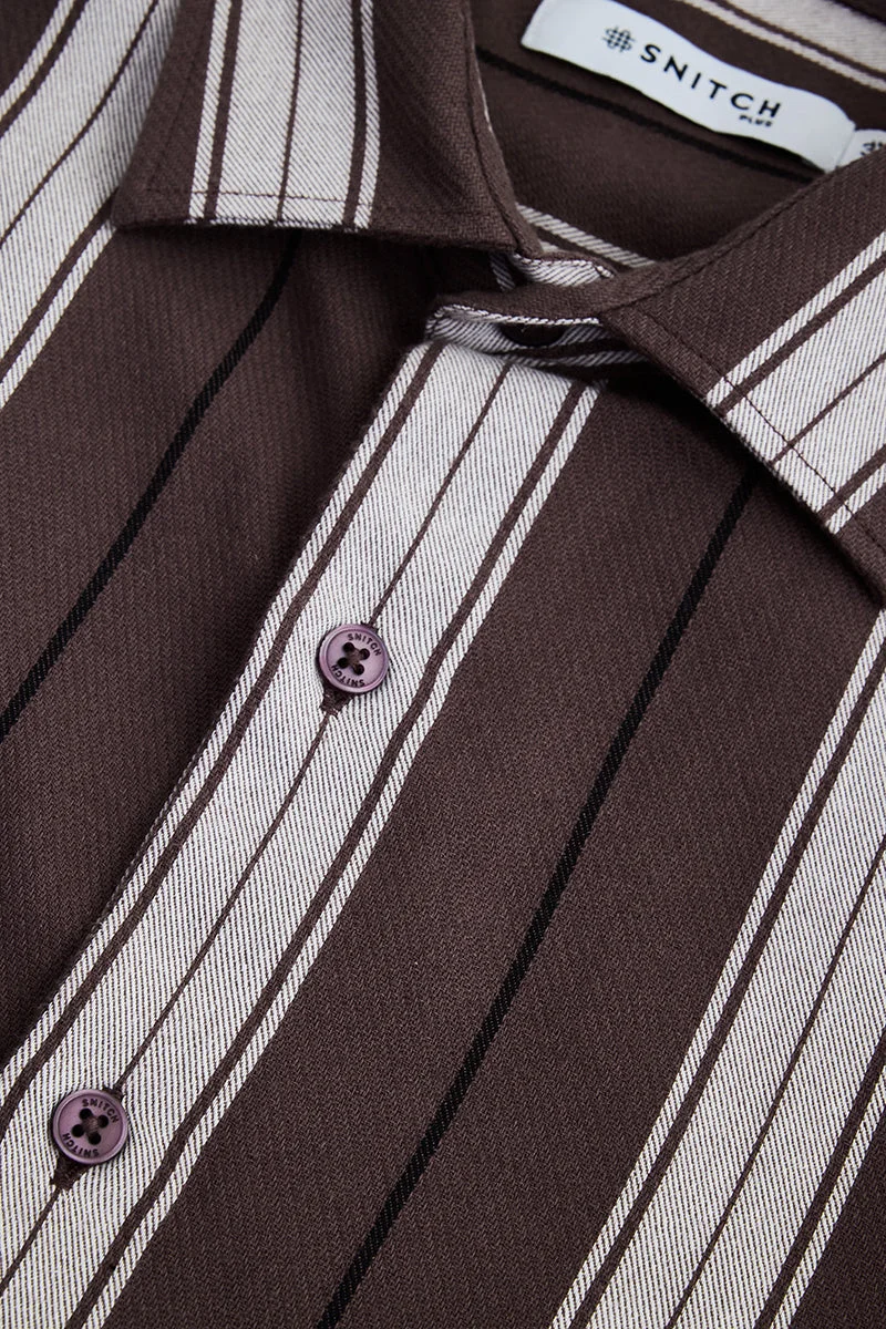 SNITCH Dark Brown Dark Brown Striped Long Sleeve Regular Fit Casual Plus Size Shirt for Men | Best Price UAE