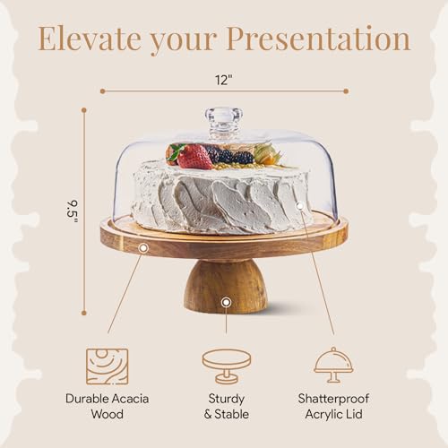 Homesphere Acacia Wood Cake Stand with Lid - Cake Stand with Dome,12in Round Cake Holder, 2-in-1 Dessert Table Display Set & Charcuterie Board for Cheese, Chips & Dips, Fruit Platter, Large Acrylic Cake Dome Cover - Image 2