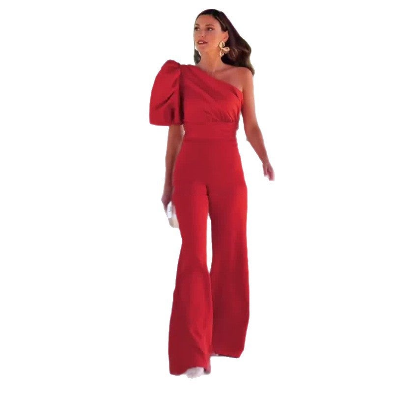 2025 Women'S Clothing Slanted Collar Slimming Simple Red Wide-Leg Jumpsuit - Image 4