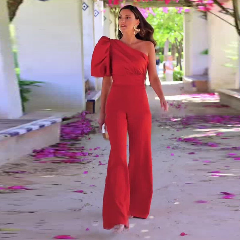 2025 Women'S Clothing Slanted Collar Slimming Simple Red Wide-Leg Jumpsuit - Image 2