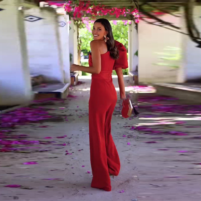 2025 Women'S Clothing Slanted Collar Slimming Simple Red Wide-Leg Jumpsuit - Image 3
