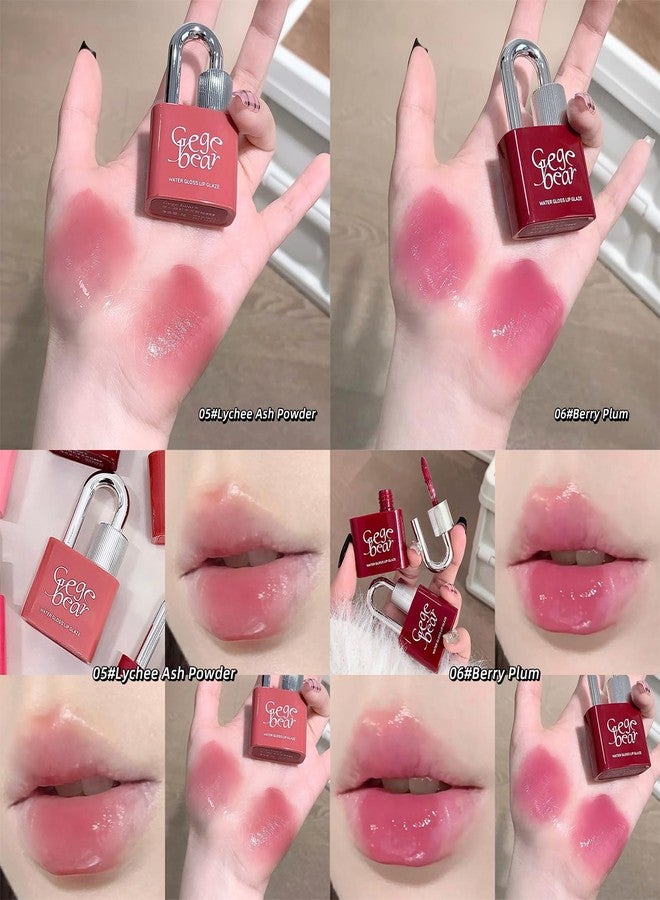 Gege Bear Lock Heart Sweet Water Lip Gloss | Non-Sticky Glossy Finish | Light Pink to Nude Berry Plum Colors Shades | Waterproof Liquid Lipstick | Cute Padlock Design | Long-Lasting Moisturizing | Gen Z Aesthetic Makeup | Flocking Brush Applicator | Best Lip Care For Women (05# Lychee Ash Powder, 3g) - Image 5