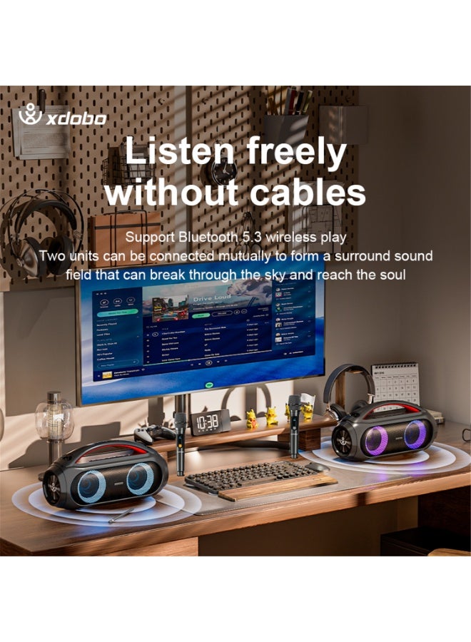 إكس دوبو مكبر صوت كاريوكي بلوتوث مزدوج العلامة التجارية XDOBO Vibe Plus Karaoke Bluetooth Audio مع ميكروفونين لاسلكيين، ومضخم صوت لاسلكي مقاوم للماء بقوة 80 وات، وبطارية مدمجة عالية السعة 12000 مللي أمبير في الساعة، يدعم تشغيل AUX FM U Disk، باللون الأسود - Image 5