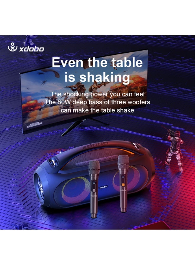 إكس دوبو مكبر صوت كاريوكي بلوتوث مزدوج العلامة التجارية XDOBO Vibe Plus Karaoke Bluetooth Audio مع ميكروفونين لاسلكيين، ومضخم صوت لاسلكي مقاوم للماء بقوة 80 وات، وبطارية مدمجة عالية السعة 12000 مللي أمبير في الساعة، يدعم تشغيل AUX FM U Disk، باللون الأسود - Image 2