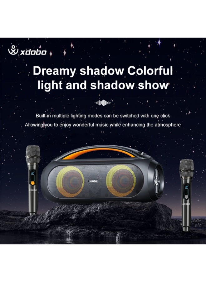 إكس دوبو مكبر صوت كاريوكي بلوتوث مزدوج العلامة التجارية XDOBO Vibe Plus Karaoke Bluetooth Audio مع ميكروفونين لاسلكيين، ومضخم صوت لاسلكي مقاوم للماء بقوة 80 وات، وبطارية مدمجة عالية السعة 12000 مللي أمبير في الساعة، يدعم تشغيل AUX FM U Disk، باللون الأسود - Image 3