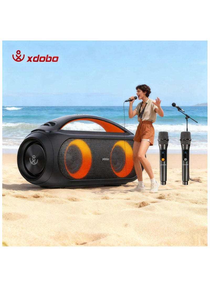 إكس دوبو مكبر صوت كاريوكي بلوتوث مزدوج العلامة التجارية XDOBO Vibe Plus Karaoke Bluetooth Audio مع ميكروفونين لاسلكيين، ومضخم صوت لاسلكي مقاوم للماء بقوة 80 وات، وبطارية مدمجة عالية السعة 12000 مللي أمبير في الساعة، يدعم تشغيل AUX FM U Disk، باللون الأسود - Image 1