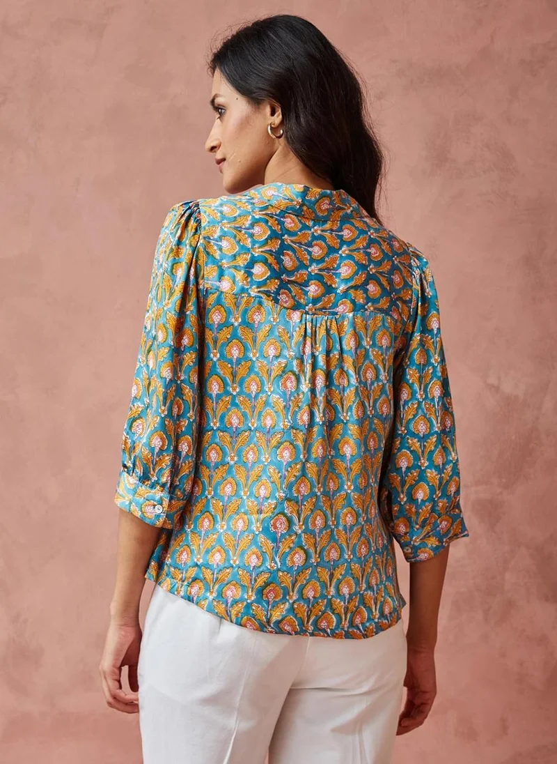 Fabindia Teal Rayon Blend Hand Block Printed Top