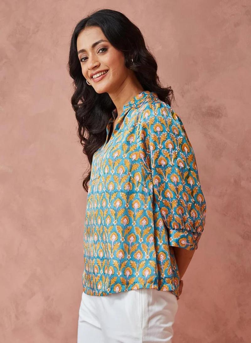 Fabindia Teal Rayon Blend Hand Block Printed Top