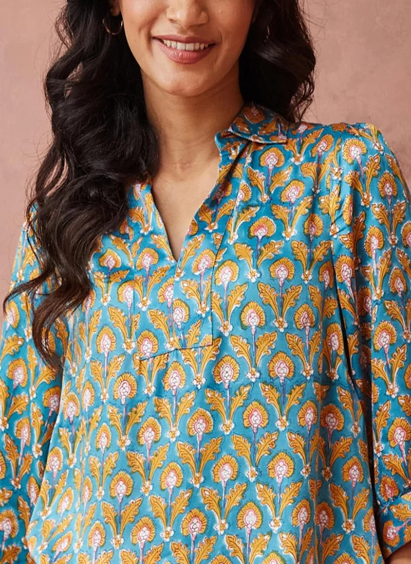 Fabindia Teal Rayon Blend Hand Block Printed Top