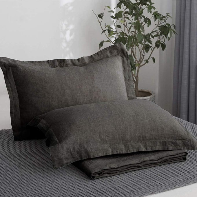 100 FRENCH LINEN PILLOW SHAMS BASIC STYLE PACK OF 2 WASHED SOLID COLOR NATURAL FLAX SOFT BREATHABLE DARK GREY 20 X 36