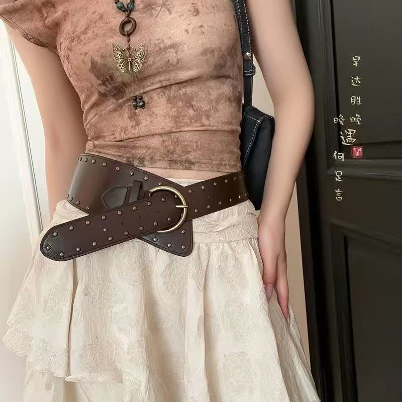 Women's PU Leather Rivet Wide Belt - Image 1