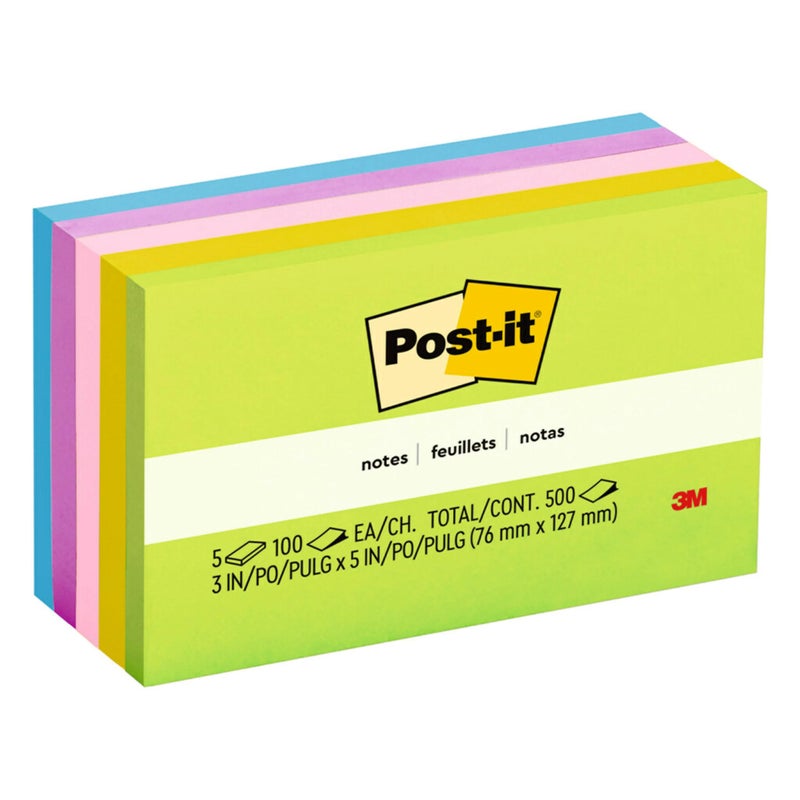 Post It ملاحظات بوست-إت، 3x5 بوصة، 5 دفاتر، الملاحظات اللاصقة المفضلة رقم 1 في أمريكا، مجموعة خيال الأزهار، ألوان جريئة (أخضر، أصفر، برتقالي، أرجواني، أزرق)، إزالة نظيفة، قابلة لإعادة التدوير (655-5UC) - Image 1