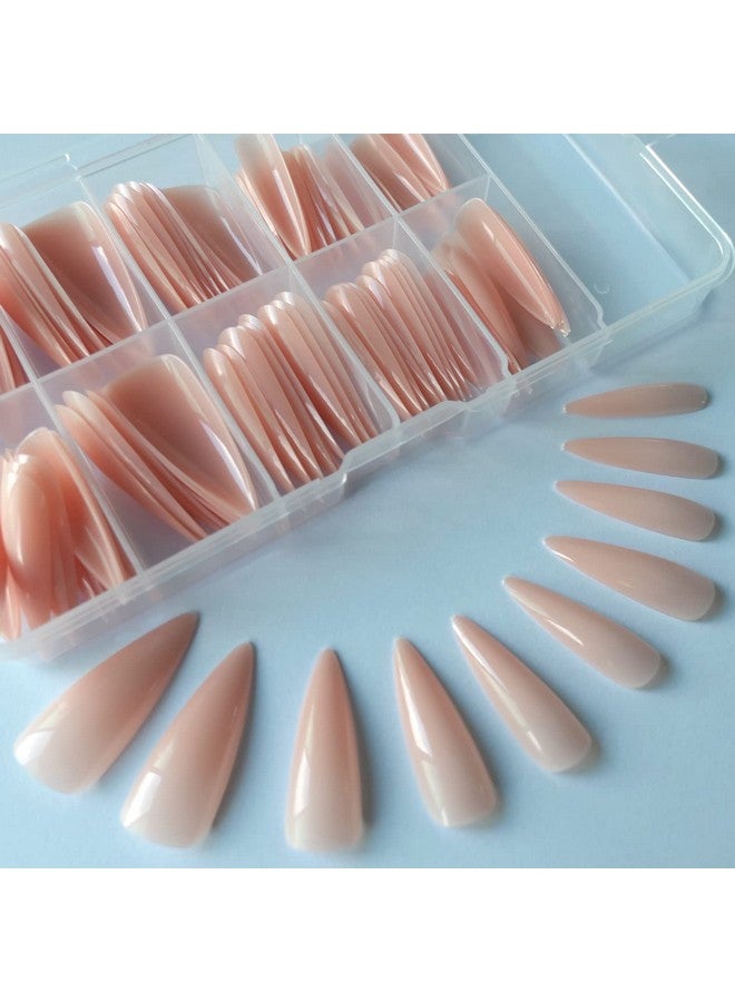 LifexTol Extra Long Stiletto Glossy Fake Nail 100 Pcs Full Cover Acrylic Press On Nails Art Tips False Nail For Beginner Women And Girls Manicure (Nude) - Image 2