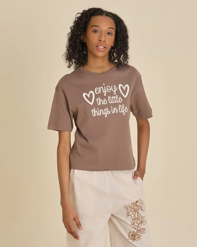 REDTAG Senior Girls Brown Graphic T Shirt
