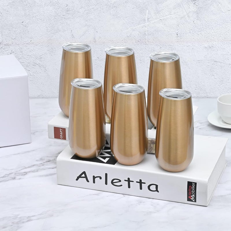 Lifecapido 6 Pack Champagne Insulated Tumblers, Stemless Champagne Tumbler 6 Oz, Champagne Flutes Wine Tumbler, Unbreakable Cocktail Cups with Lid, Gift for Family Friends Christmas Birthday Wedding (Gold) - Image 2