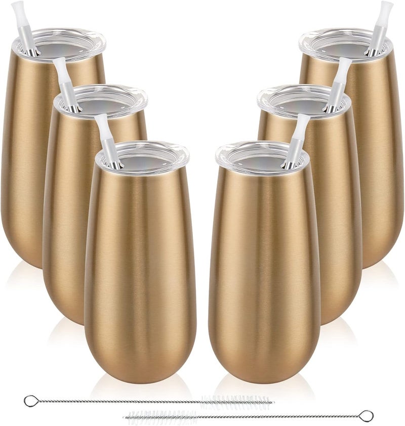 Lifecapido 6 Pack Champagne Insulated Tumblers, Stemless Champagne Tumbler 6 Oz, Champagne Flutes Wine Tumbler, Unbreakable Cocktail Cups with Lid, Gift for Family Friends Christmas Birthday Wedding (Gold) - Image 1