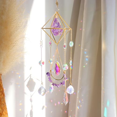 LPKADQA Amethyst Crystal Suncatcher - Hanging Gold Plated Garden Sun Catcher for Windows, Healing Amethyst Crystal Decor for Home, Gift for Christmas Birthday Valentine Mothers Day - Image 1