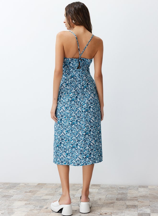 Blue Floral Print Straight Cut Back Detailed Woven Dress
