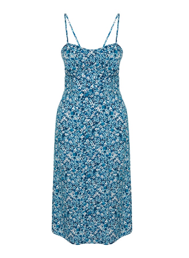 Blue Floral Print Straight Cut Back Detailed Woven Dress