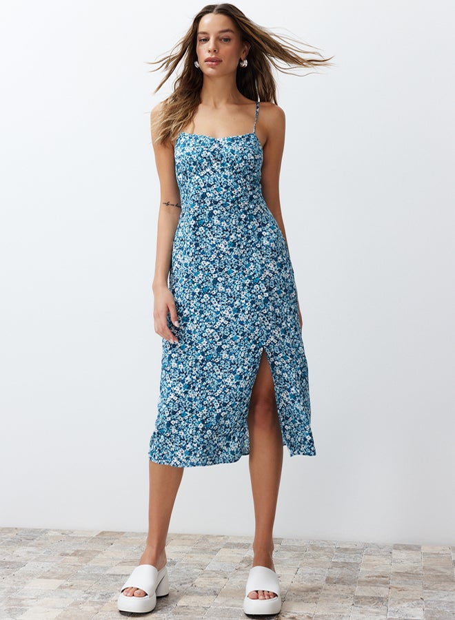 Blue Floral Print Straight Cut Back Detailed Woven Dress