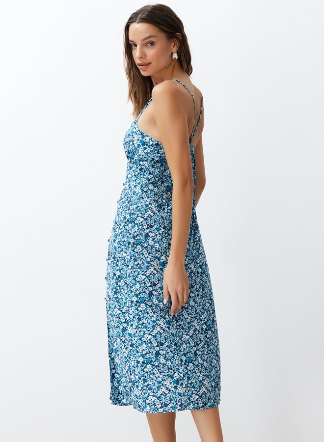 Blue Floral Print Straight Cut Back Detailed Woven Dress