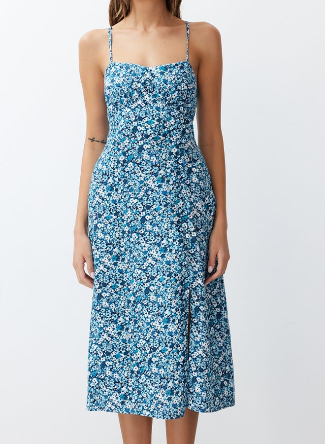 Blue Floral Print Straight Cut Back Detailed Woven Dress