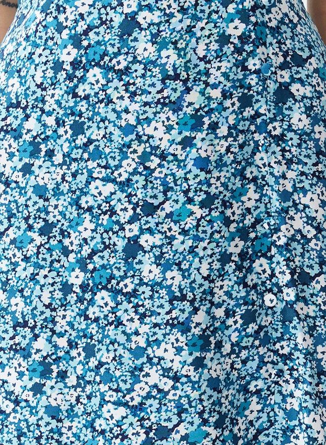 Blue Floral Print Straight Cut Back Detailed Woven Dress