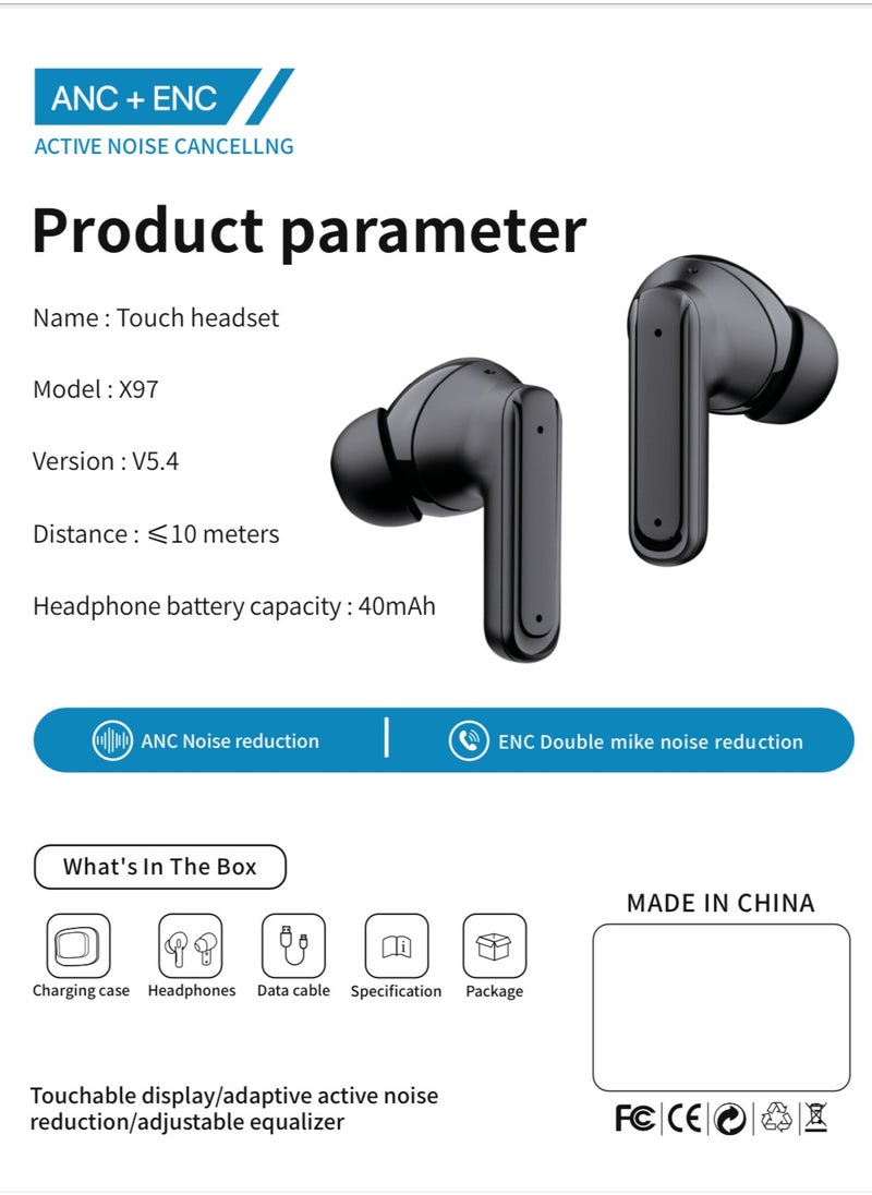 True Wireless Active Noise Cancel ANC Earphones TWS In-ear Earbuds, 2’’ Full Color Display Smart Touch Control Screen Charging Case, Remote Selfie Photograph, ENC HiFi Stereo Headphones Evoke Siri, Bluetooth 5.4 (Cosmos Black)