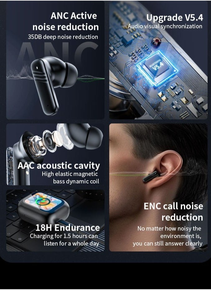 True Wireless Active Noise Cancel ANC Earphones TWS In-ear Earbuds, 2’’ Full Color Display Smart Touch Control Screen Charging Case, Remote Selfie Photograph, ENC HiFi Stereo Headphones Evoke Siri, Bluetooth 5.4 (Cosmos Black)