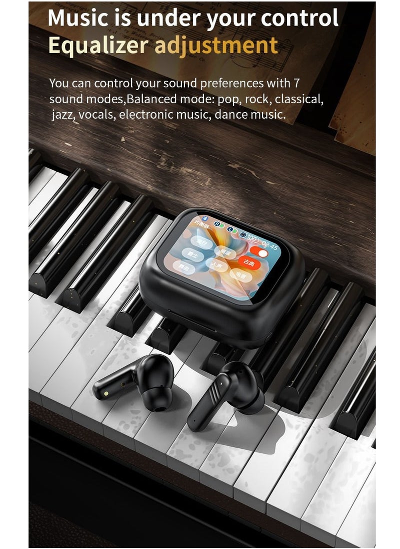 True Wireless Active Noise Cancel ANC Earphones TWS In-ear Earbuds, 2’’ Full Color Display Smart Touch Control Screen Charging Case, Remote Selfie Photograph, ENC HiFi Stereo Headphones Evoke Siri, Bluetooth 5.4 (Cosmos Black)