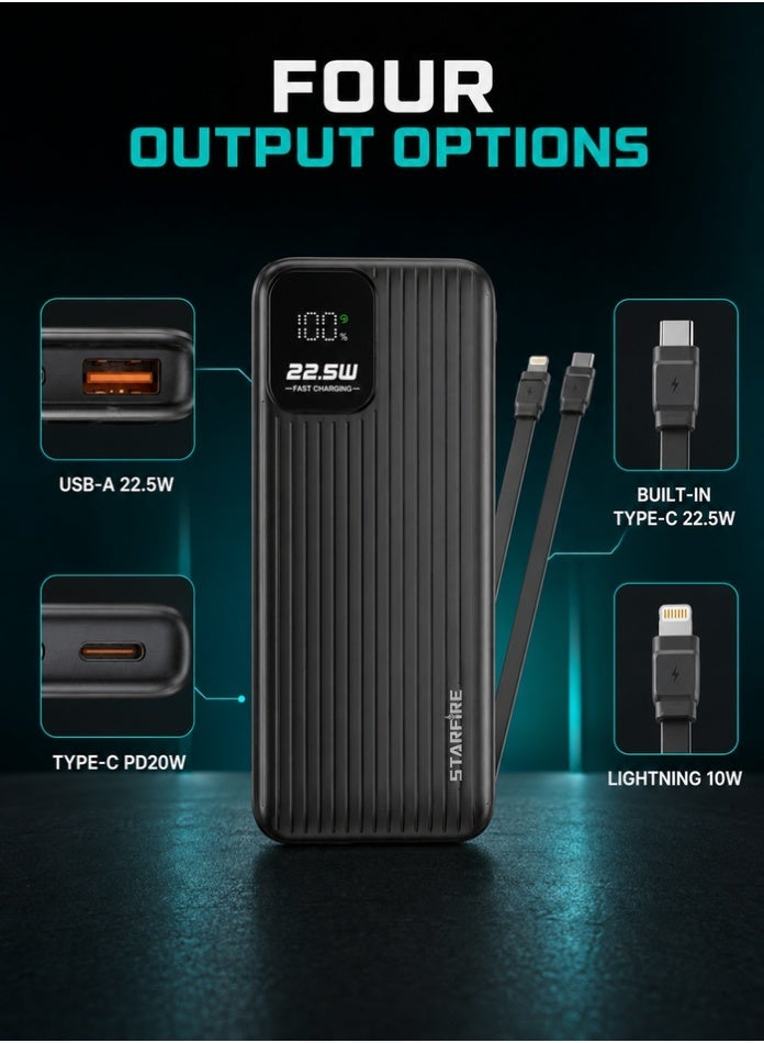 Starfire 10000mAh Power Bank, 22.5W Fast Charging, Built-In Lightning & Type-C Cables, LED Digital Display, Dual USB-A + USB-C Ports, Portable Charger for iPhone, Samsung & Android - Image 2