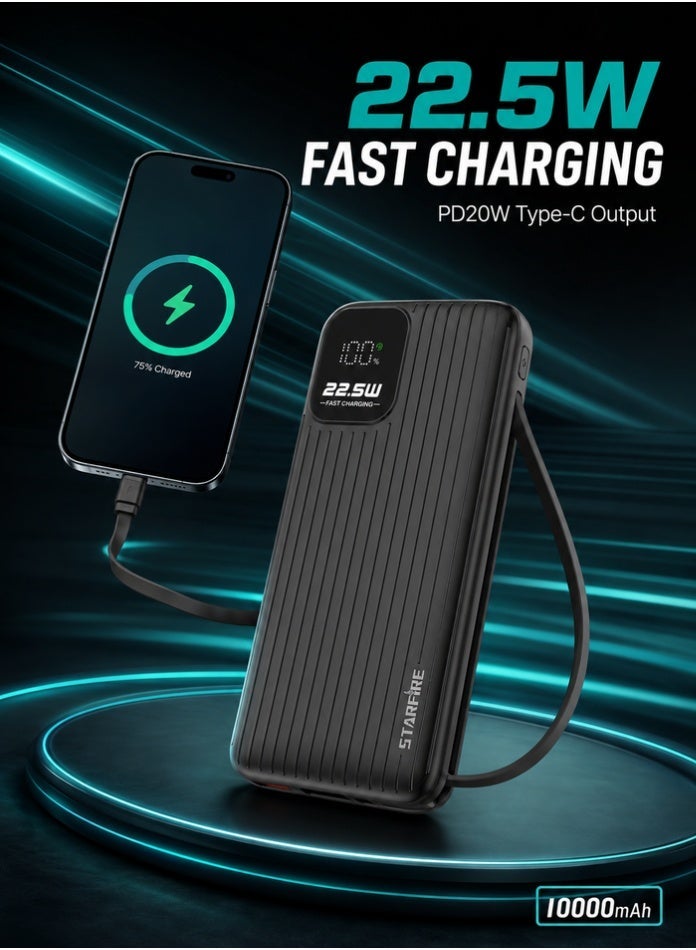 Starfire 10000mAh Power Bank, 22.5W Fast Charging, Built-In Lightning & Type-C Cables, LED Digital Display, Dual USB-A + USB-C Ports, Portable Charger for iPhone, Samsung & Android - Image 4
