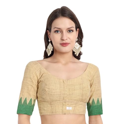 JISB Women's Cotton Elbow Border Sleeve Saree Blouse (Beige, 38) - Image 1