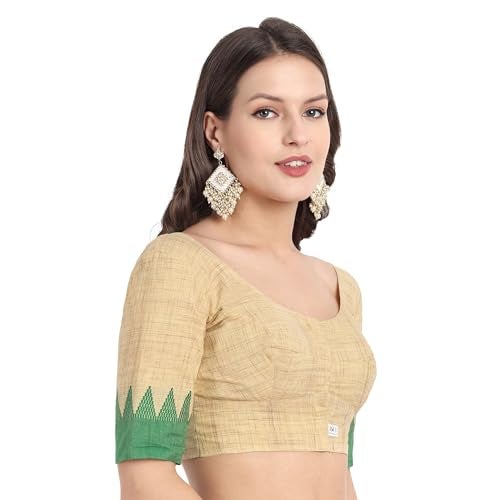 JISB Women's Cotton Elbow Border Sleeve Saree Blouse (Beige, 38) - Image 2