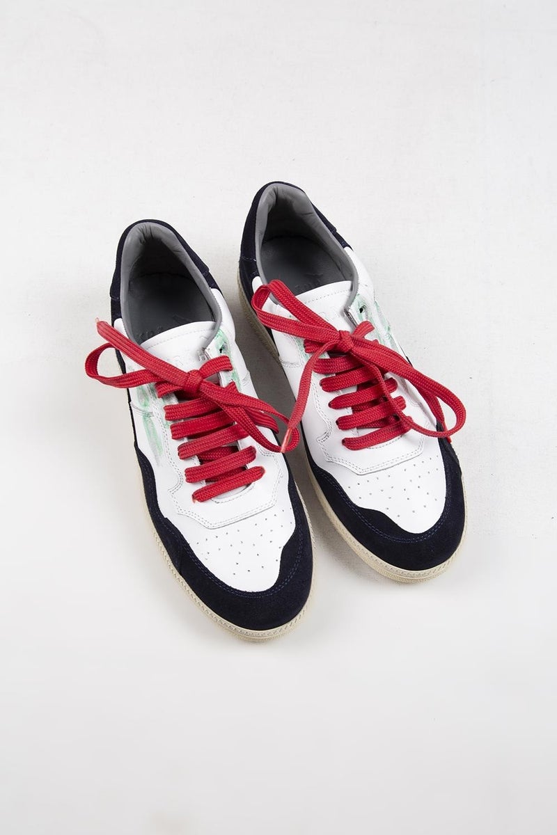 Krahe Artemis Men's Genuine Leather Distressed Hand-Painted Sneakers with Laces and Two Spare Laces, White and Navy Blue. - Image 3