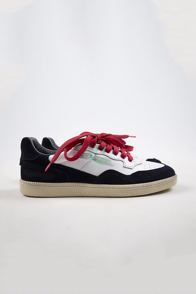 Krahe Artemis Men's Genuine Leather Distressed Hand-Painted Sneakers with Laces and Two Spare Laces, White and Navy Blue. - Image 2