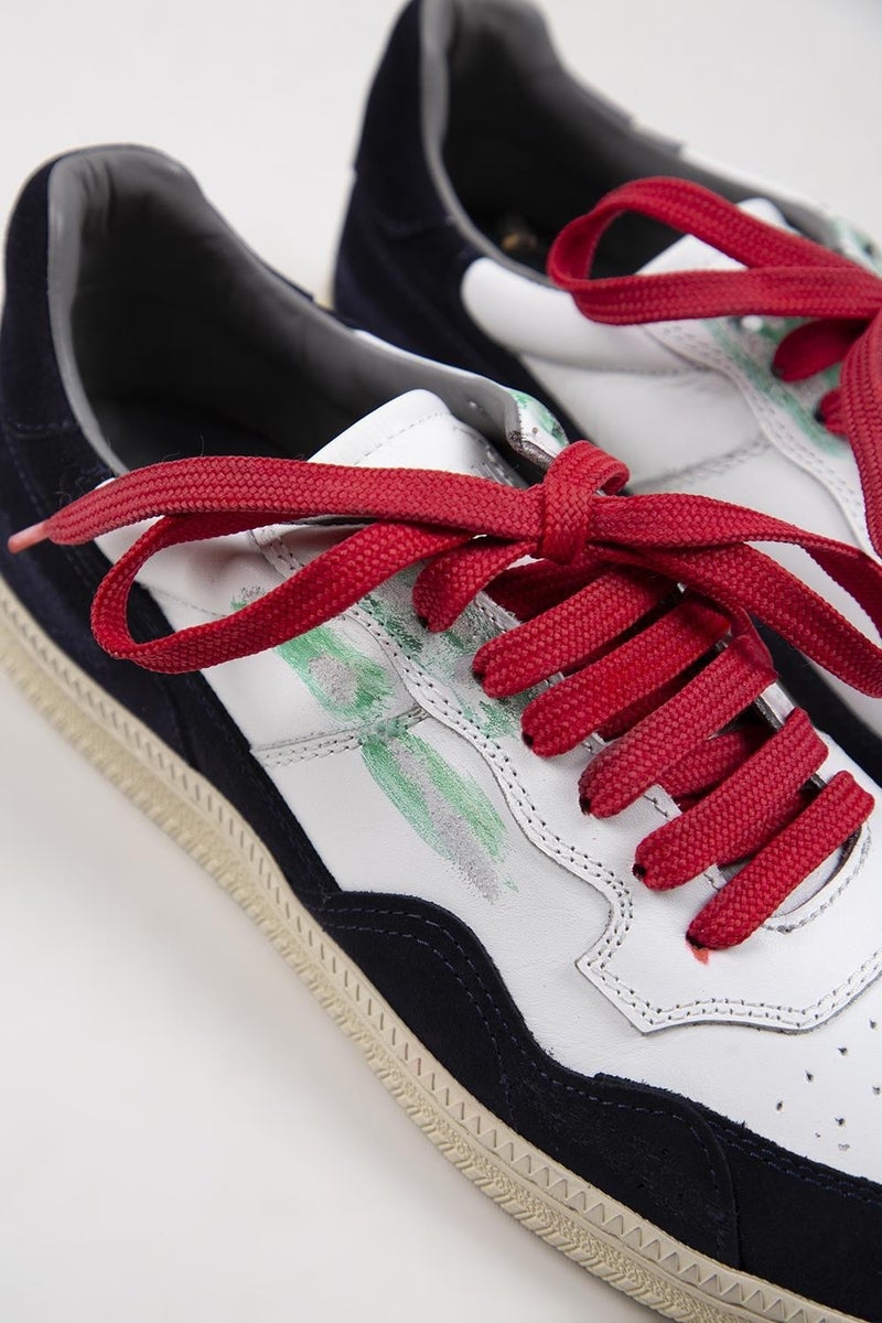 Krahe Artemis Men's Genuine Leather Distressed Hand-Painted Sneakers with Laces and Two Spare Laces, White and Navy Blue. - Image 4