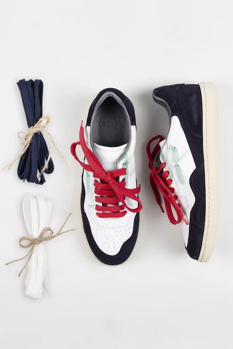 Krahe Krahe Artemis Men's Genuine Leather Distressed Hand-Painted Sneakers with Laces and Two Spare Laces, White and Navy Blue.