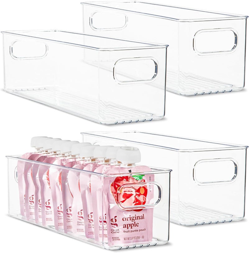 PrimeBox Plastic Food Storage 4 Pack Clear Container Bin with Handles for Organizing Kitchen, Pantry, Refrigerator, Freezer, Pantry, Cabinet, Closet, Bathroom. 14”x4”x4” - Image 1