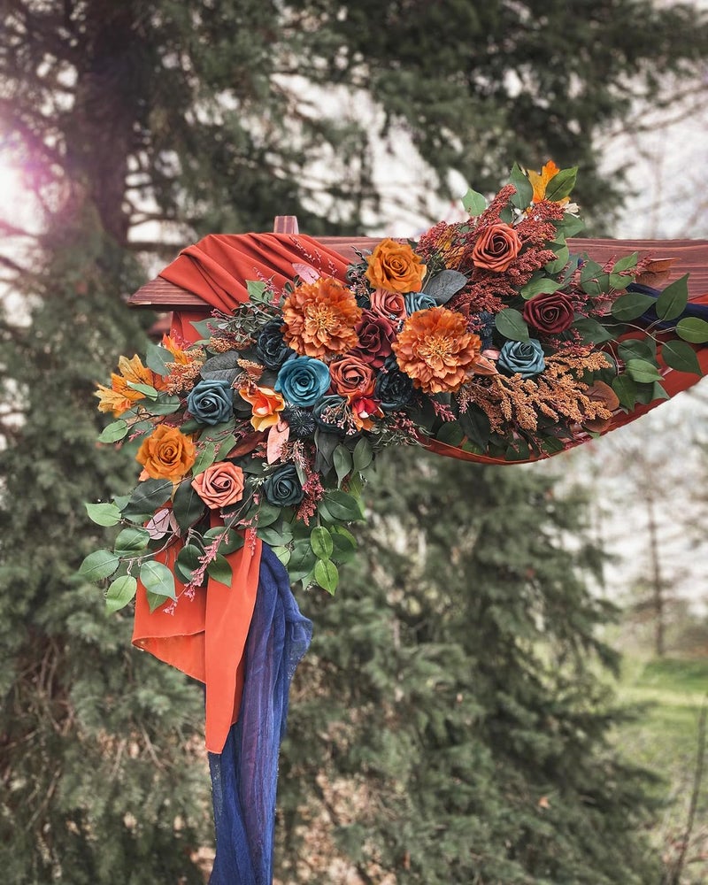 FACINOC Roses Artificial Flowers Bouquet Box Set Fake Flower for DIY Bridal Wedding Shower Decorations Centerpieces for Table Faux Silk Floral Arrangement for Party Home Decor Indoor Teal Orange - Image 4
