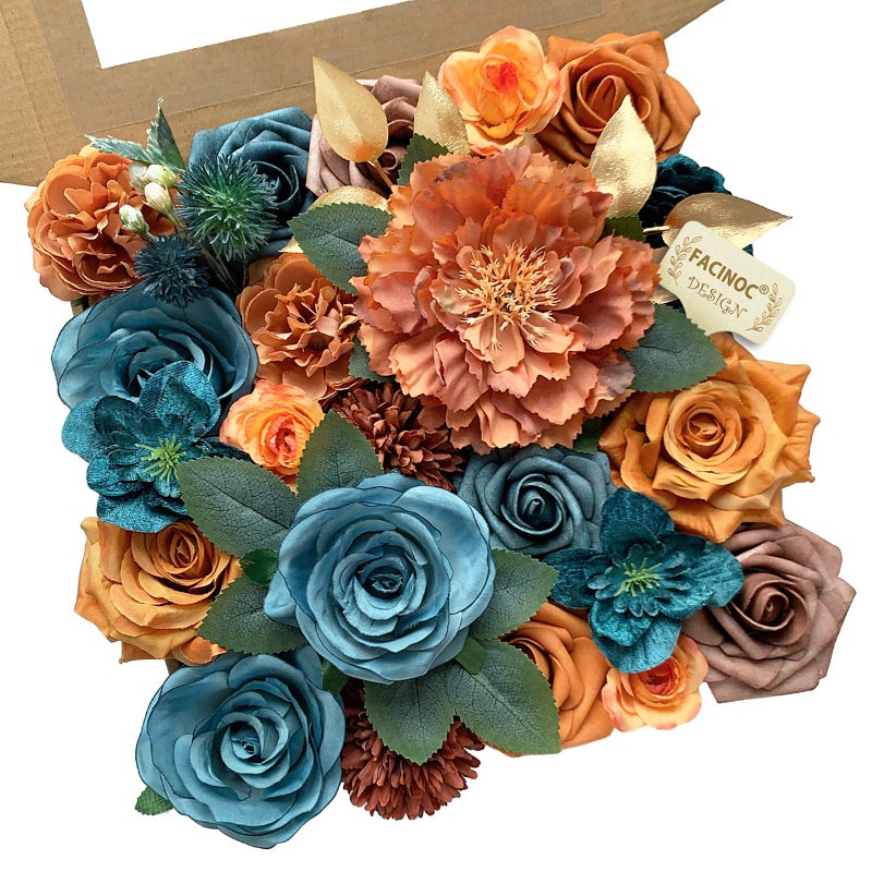 FACINOC Roses Artificial Flowers Bouquet Box Set Fake Flower for DIY Bridal Wedding Shower Decorations Centerpieces for Table Faux Silk Floral Arrangement for Party Home Decor Indoor Teal Orange - Image 1