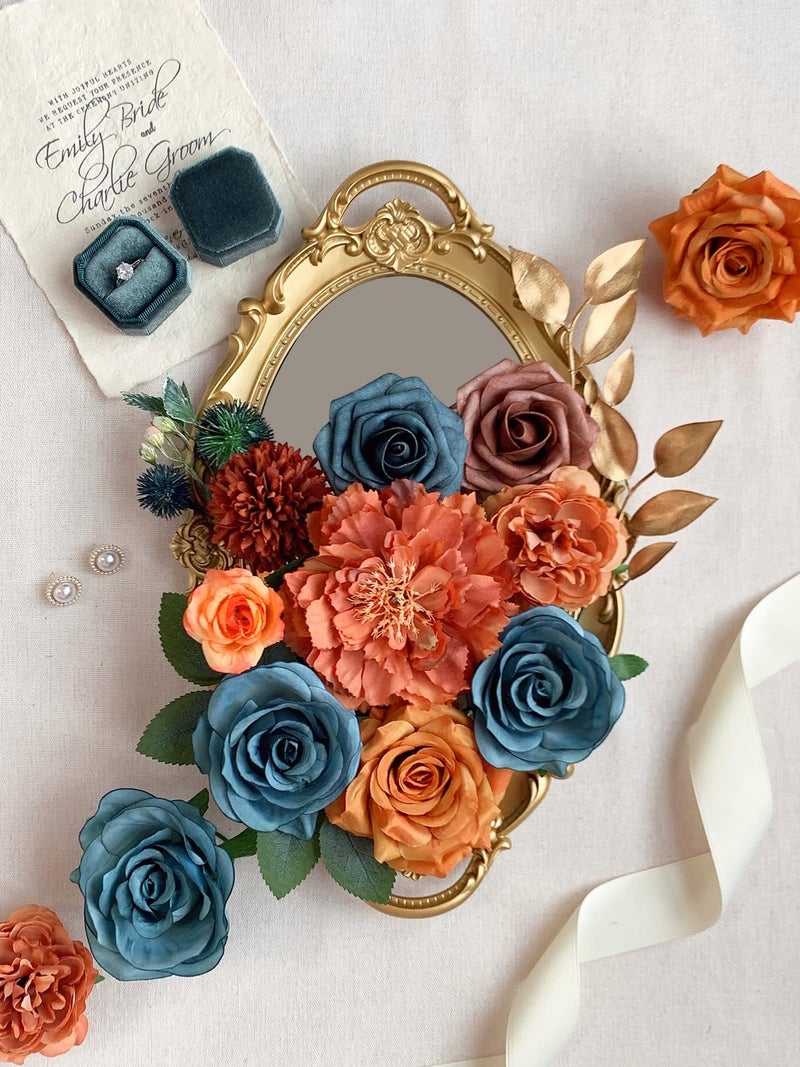 FACINOC Roses Artificial Flowers Bouquet Box Set Fake Flower for DIY Bridal Wedding Shower Decorations Centerpieces for Table Faux Silk Floral Arrangement for Party Home Decor Indoor Teal Orange - Image 2