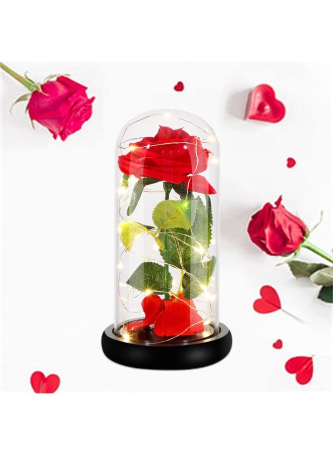 Beauty and the Beast Rose, Enchanted Red Silk Rose with LED Lights in Glass Dome, Romantic Flower Gift for Valentine's Day - Image 1
