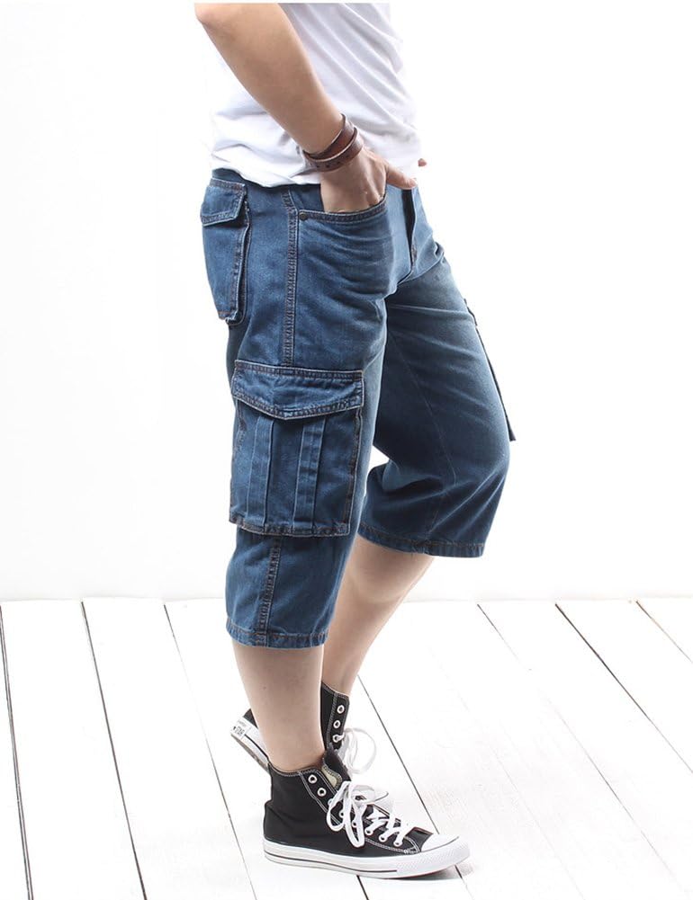 Idopy Men's Motorcycle Loose Fit Cropped Work Jeans Denim Cargo Shorts - Blue, Size 40 - Image 2