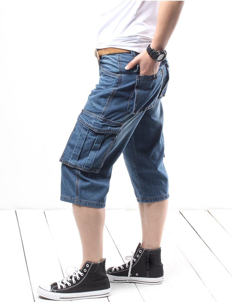 Idopy Men's Motorcycle Loose Fit Cropped Work Jeans Denim Cargo Shorts - Blue, Size 40 - Image 3