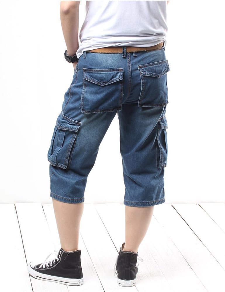 Idopy Men's Motorcycle Loose Fit Cropped Work Jeans Denim Cargo Shorts - Blue, Size 40 - Image 4