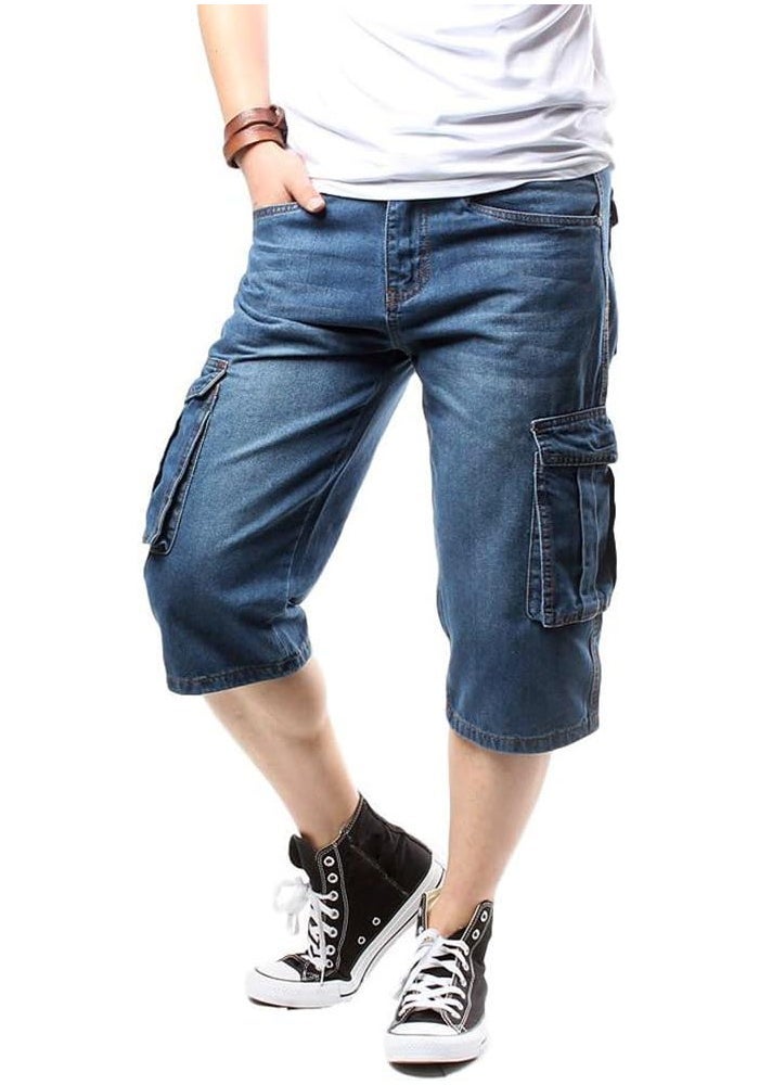Idopy Men's Motorcycle Loose Fit Cropped Work Jeans Denim Cargo Shorts - Blue, Size 40 - Image 1